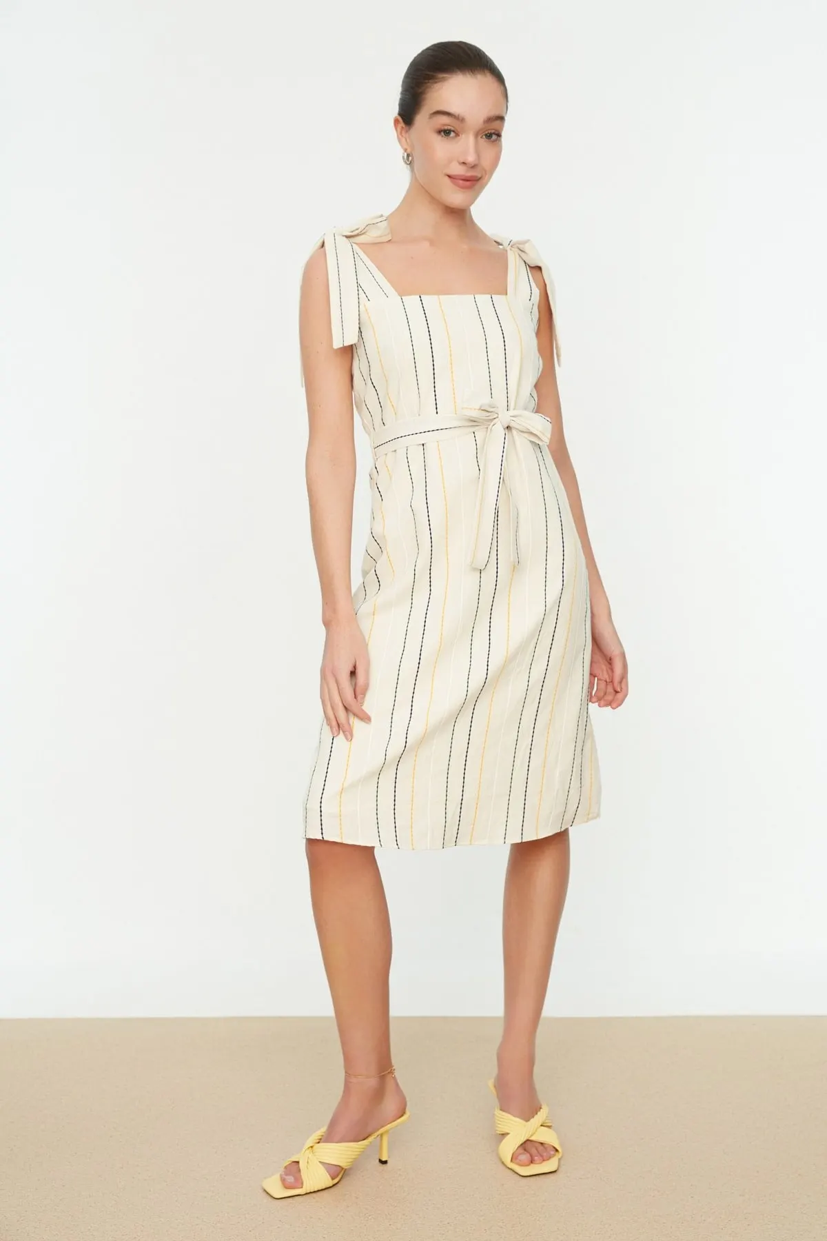 

Women's Dress Ecru Belted Striped Elegant Fashion Casual Casual Comfortable Short Sleeve Summer Boho Beach Dress