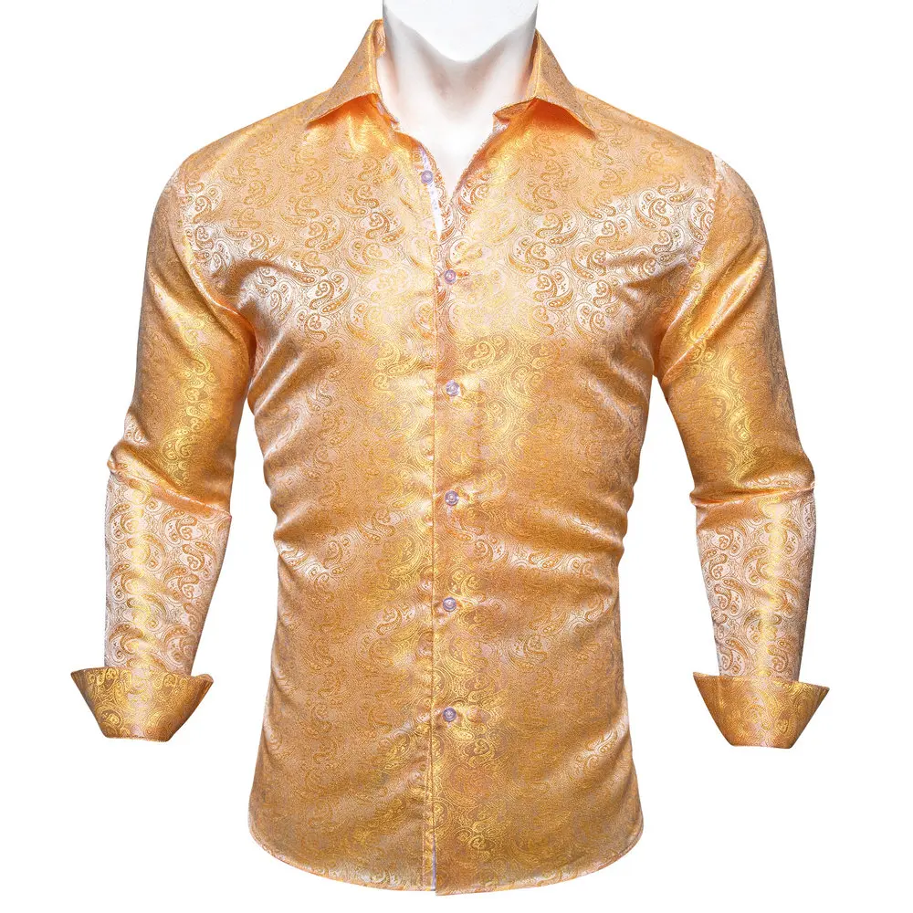 

Designer Silk Shirts for Men Gold Yellow Orange Paisley Spring Autumn Tops Long Sleeve Formal Causal Regular Slim Fit Blouse 631