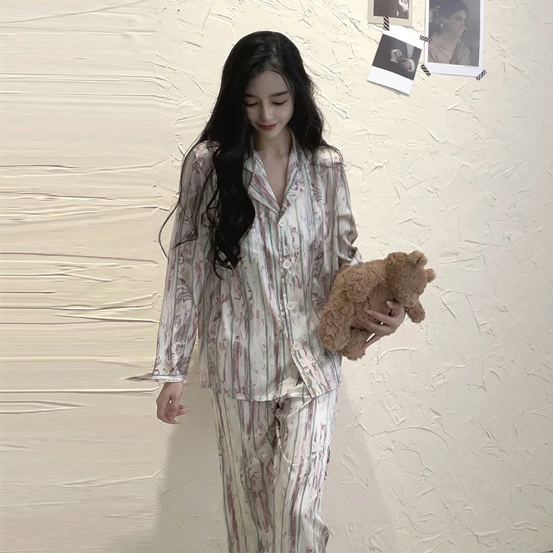 FALLINLAOE Satin Pajamas Set Spring Autumn Home Suit with Pant Women's Print Pijama Silk Sleepwear for Female Pyjamas Lingerie