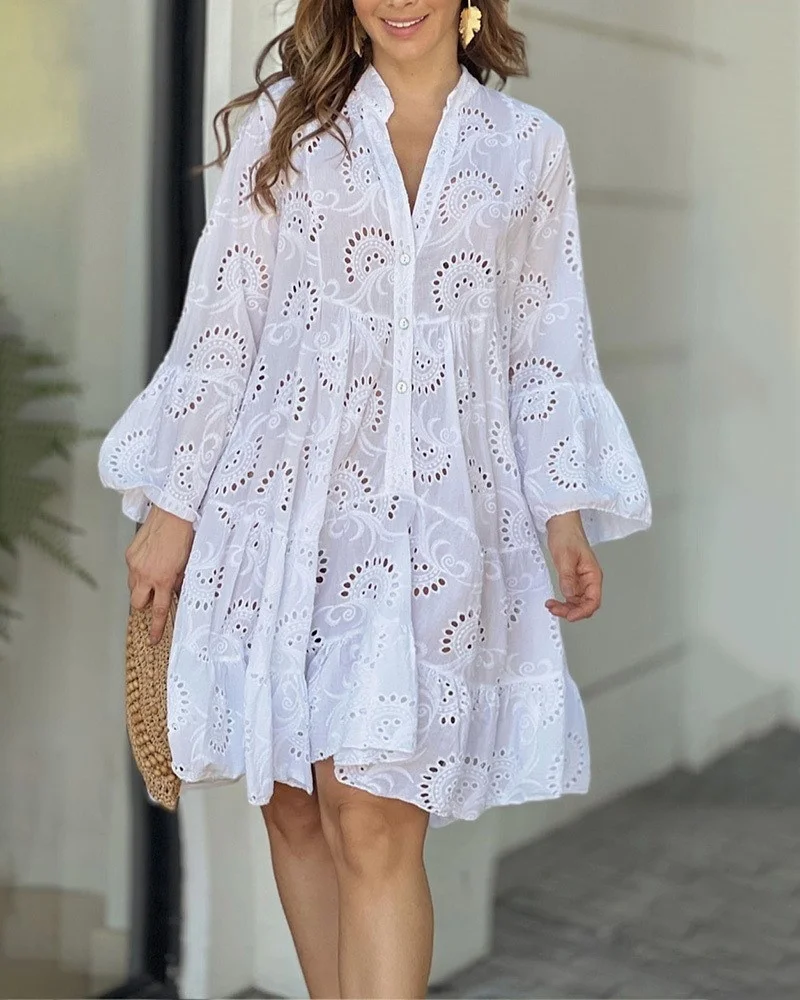 Summer Cloth Elegant Vintage Solid Lace Dress V-neck Loose Hollow Out Pattern Embroidery Vestidos Women Beach Sexy Mini Dresses