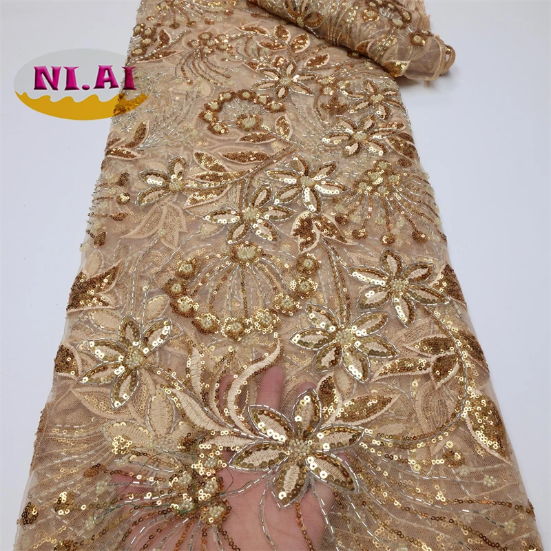 

Hot Sale Hand made beads Embroidery lace Fabric for Wedding Party Dress Bridal Dress 5Yards Sewing Dress African Lace Fabric