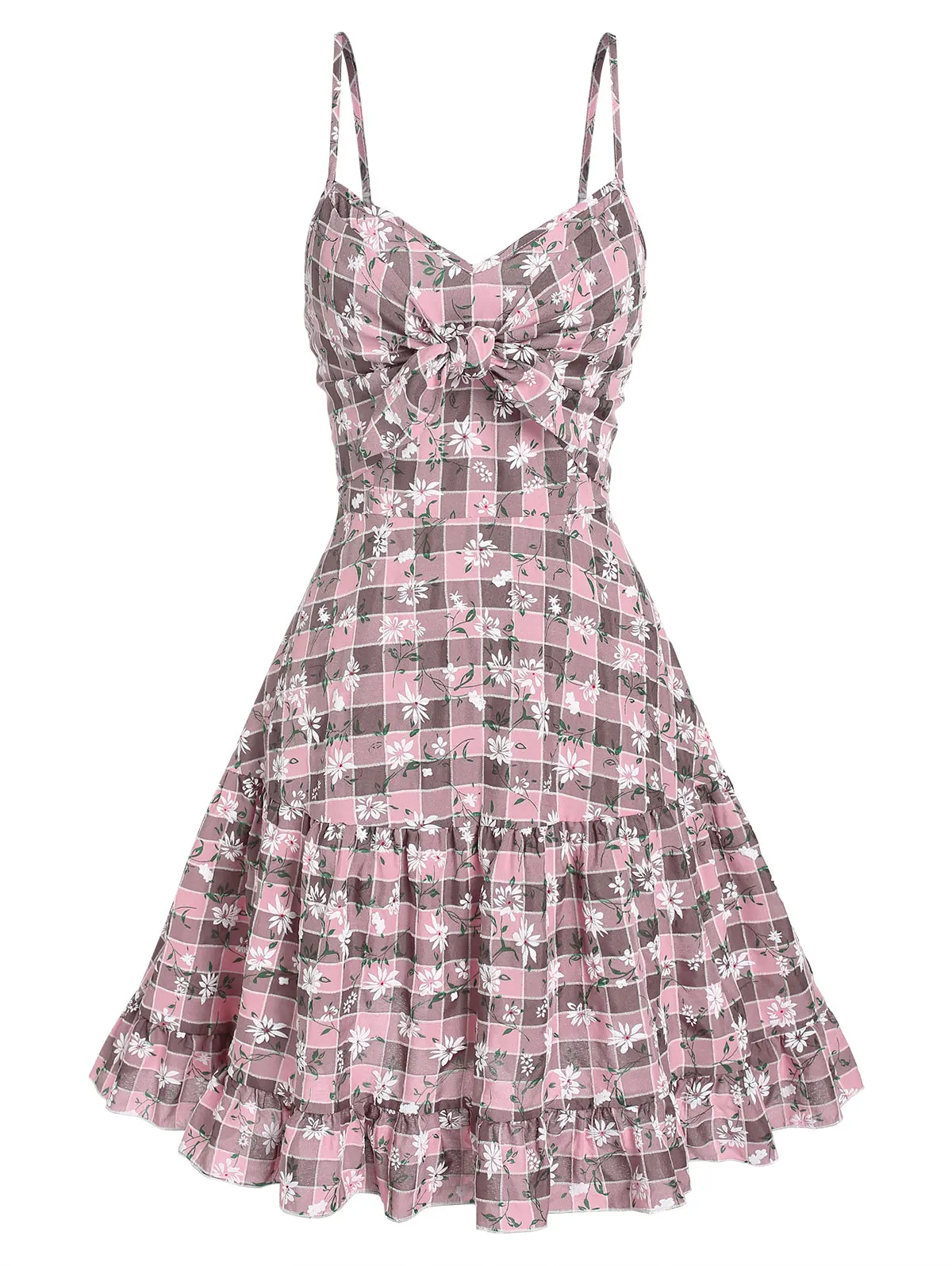 

Knotted Floral Plaid Cami Dress Spaghetti Strap Casual A Line Vacation Summer Knee-Length Dresses