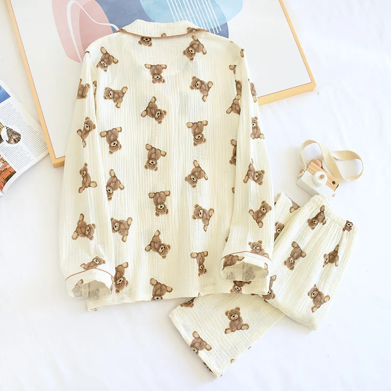Cartoon Mom Style Home Clothes Washed Crepe Lapel Spring/Autumn Thin Long Sleeve Trousers Cotton Double Gauze Female Pajamas Set