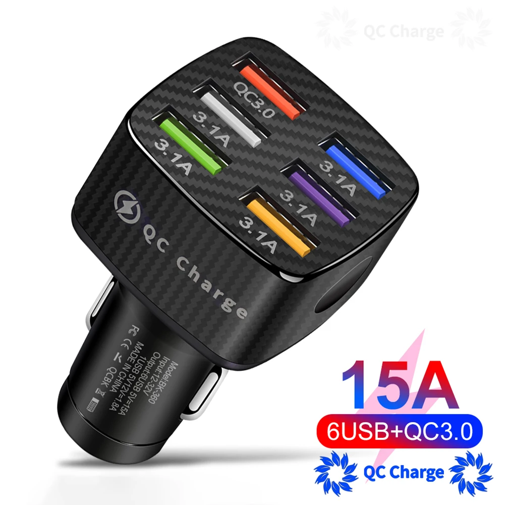 

USB Car Charger Quick Charge QC3.0 Smart Fast Charge 15A 6 USB Ports Fast Charging Porous 5V9V12V For IPhone Mobile Phone