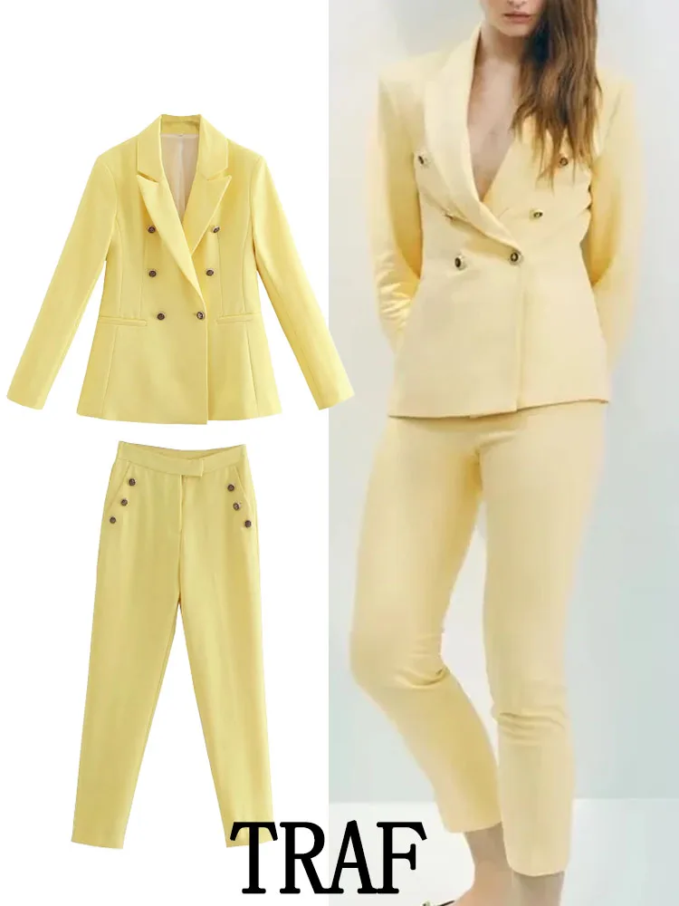 

TRAF ZA&ree 2022 Woman 2 Pieces Sets Fashion Double Breasted Straight Blazer+Button Decoration High Wais Long Pants Casual Sets