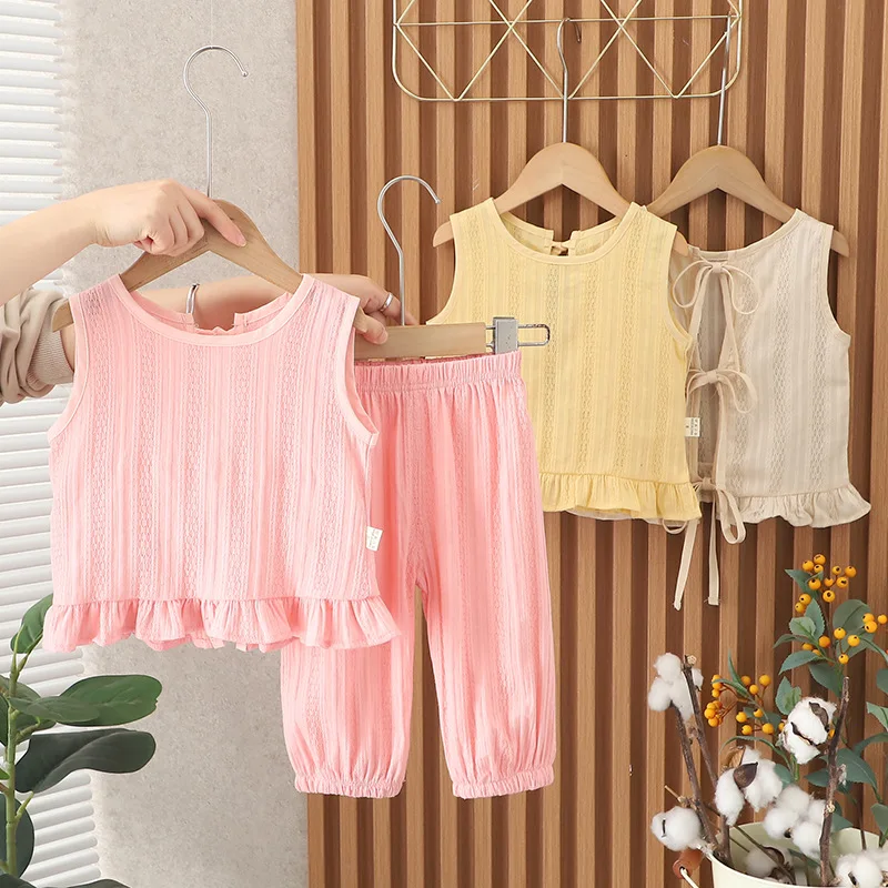 

New Summer Child Clothes Sets Sleeveless O Neck Ruffles Pink Yellow 2 Piece Sets Designer Girls Clothes Sets 12M-5T