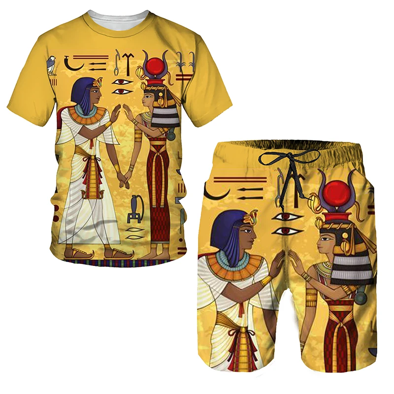 Anubis Print T Shirt For Men Casual Beach Pants Hip Hop Trend Fashion Short Sleeve Top Ancient Egypt Harajuku 2 Piece Outfit Set