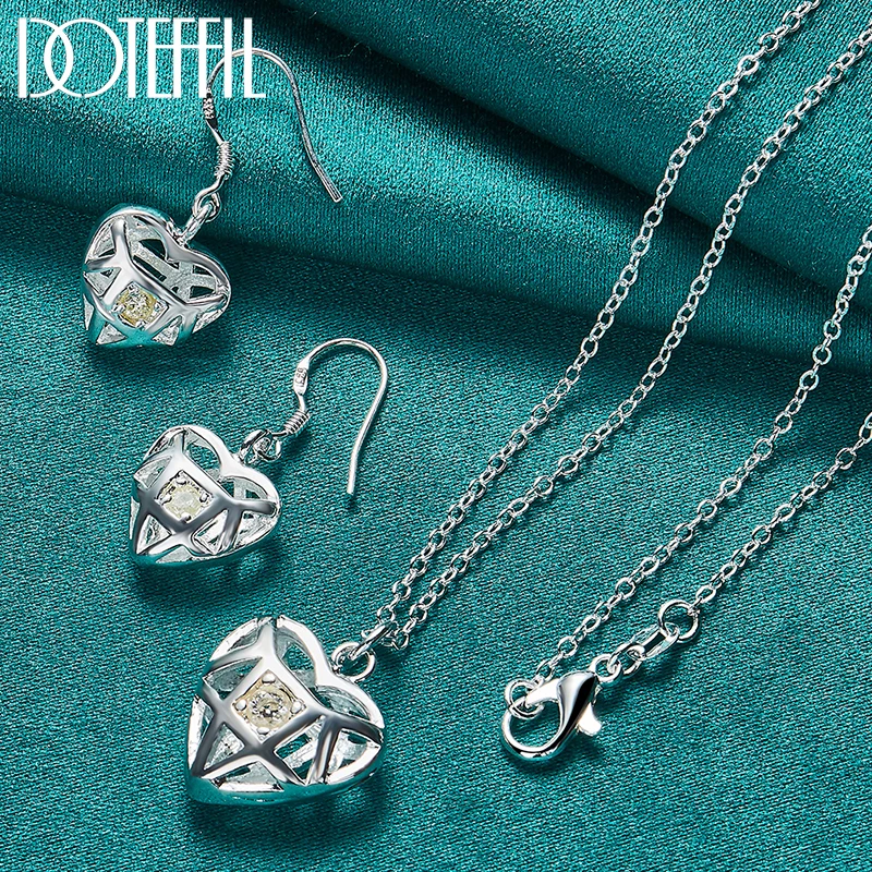 

DOTEFFIL 2pcs 925 Sterling Silver AAA Zircon Heart Pendant Necklace Earring For Woman Man Wedding Engagement Charm Jewelry