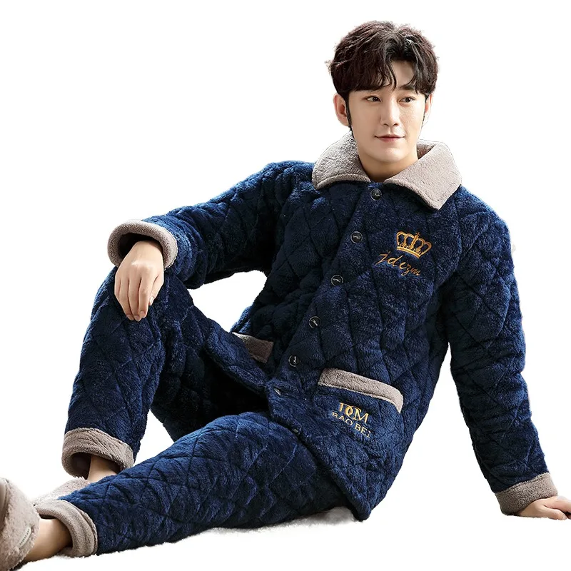 QUHENG Male Warm Fleece Fluffy Sleep Lounge Adult Teen Autumn Thicken Sleepwear Men Pyjamas  Men Sleepwear Suit Home Clothing