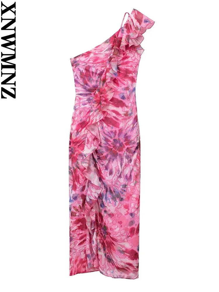 

XNWMNZ Women Fashion Ruffled Trims Print Flowing Dress Vacation Style Asymmetric Neckline Hem Split Slim Female Midi Dresses