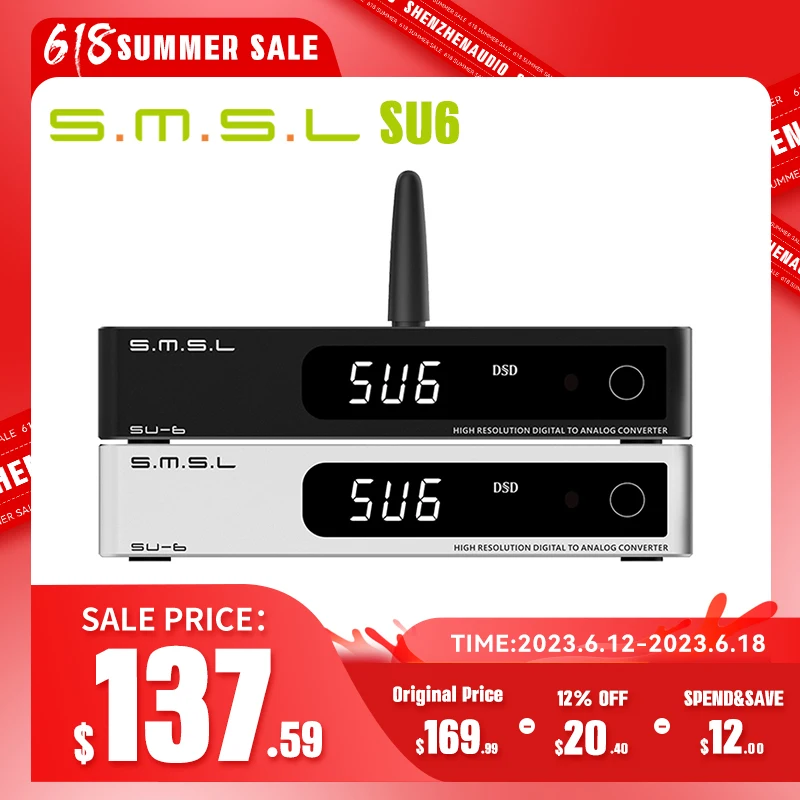 SMSL SU-6 Decoder ES9038Q2M OPA1612*4 32Bit/768kHz DSD512 Bluetooth 5.0 SU6 Desktop Mini Audio DAC with Remote Control