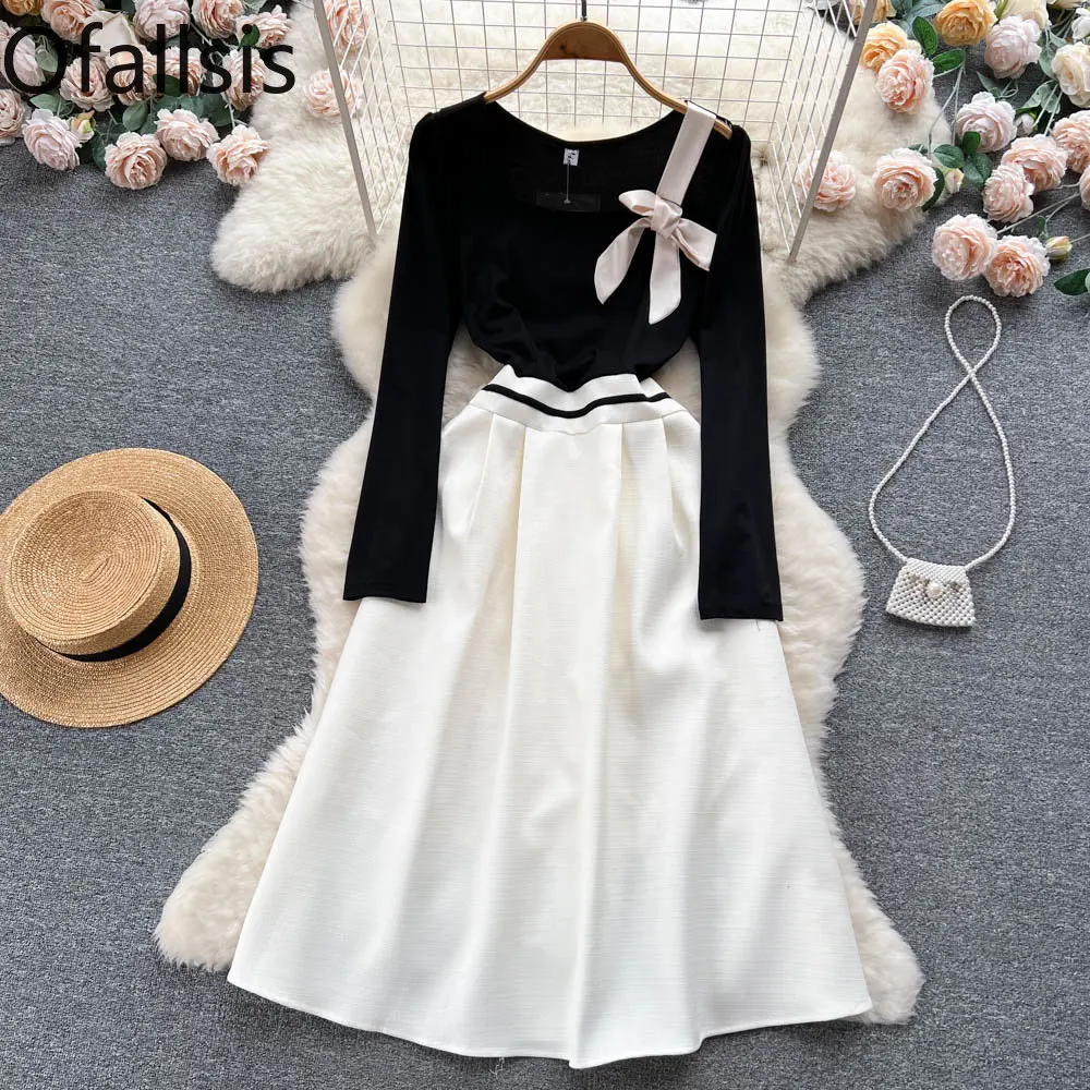 

Ofallsis Bowknot Celebrity Sweet Square Collar French Style Party Dress 2023 Summer New Elegant High Waist Wrapped Hip Dresses