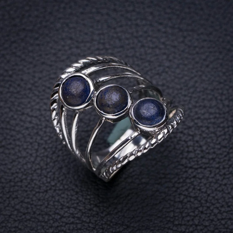 

StarGems Natural Lapis Lazuli Three-Layers Band Handmade 925 Sterling Silver Ring 8 E8606