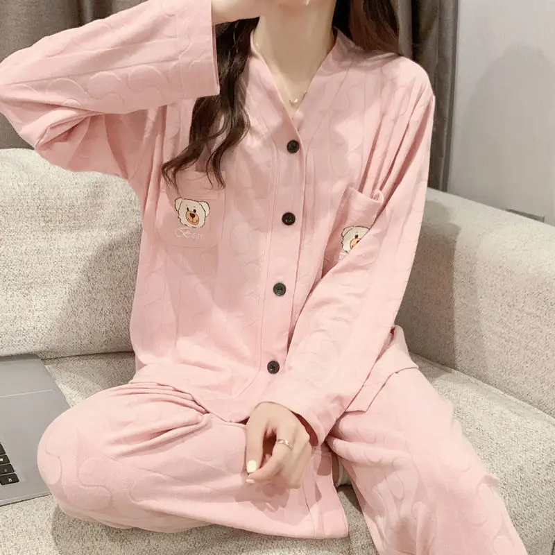 QWEEK Japanese Sweets Room Wear Women's Pajamas Cute Clothes Sleepwear Bear Print Homewear Long Sleeve Cardigan Pyjamas