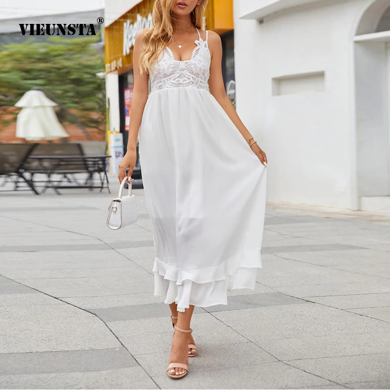 

Женское богемное платье с рюшами, кружевное асимметричное облегающее длинное платье без рукавов с V-образным вырезом и бретельками, лето 2022