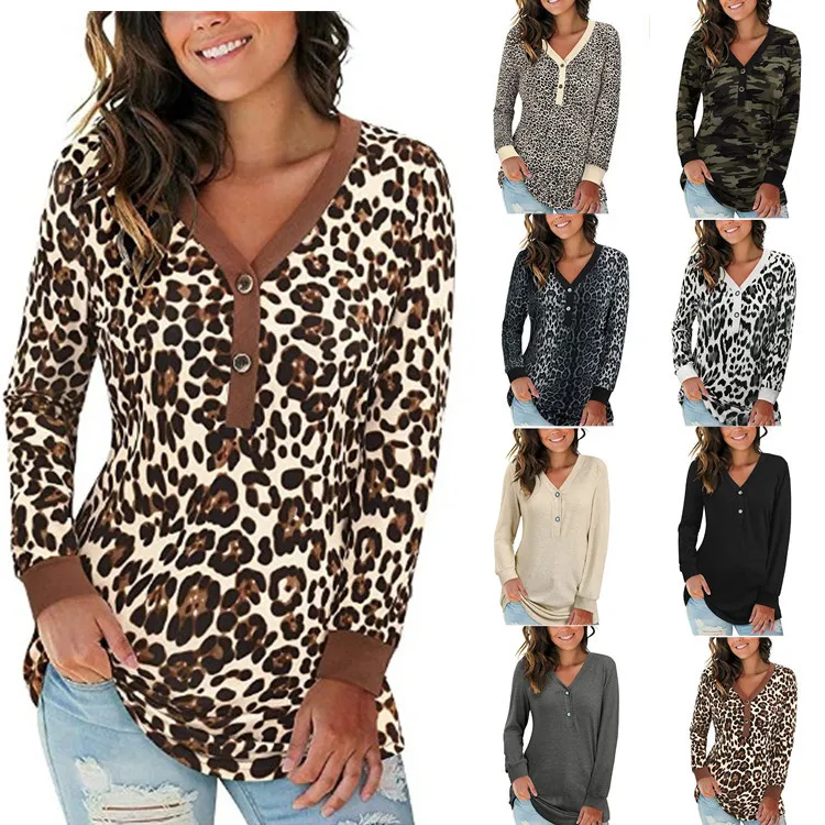 Autumn 2022 new European and American V-neck button print long sleeve color T-shirt blouse women