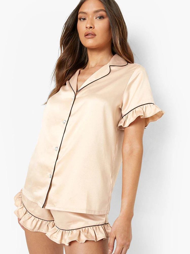 

Пижама с оборками Linad для женщин, комплект из 2 предметов, одежда для сна цвета шампанского с коротким рукавом, Женские повседневные домашние...