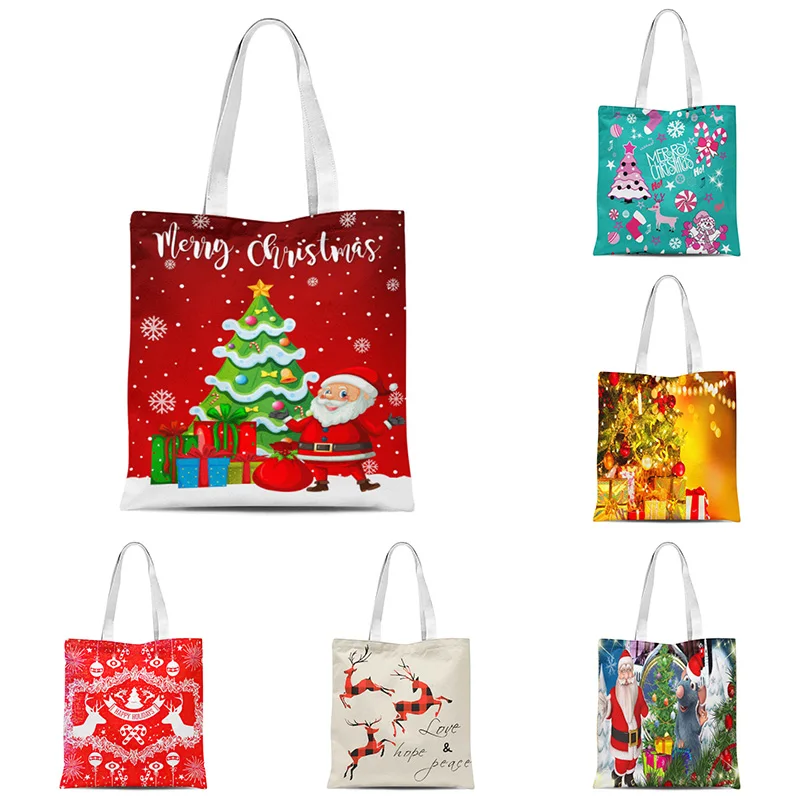 

Christmas Art Storage Shoulder Bag Heart Woman Bags Eco-Friendly Canvas Tote Ladies Large Reusable Outdoor Shopping Bag Handbag