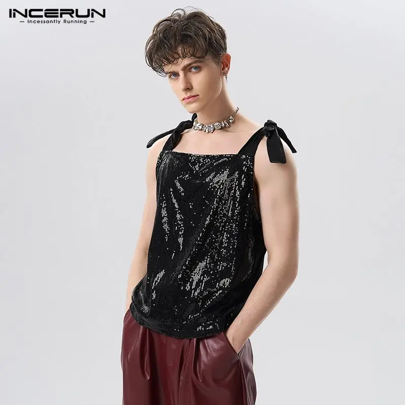 

INCERUN Men Tank Tops Shiny Sequin Streetwear Lace Up Sleeveless Vests 2023 Summer Fashion Party Nightclub Men Clothing S-5XL