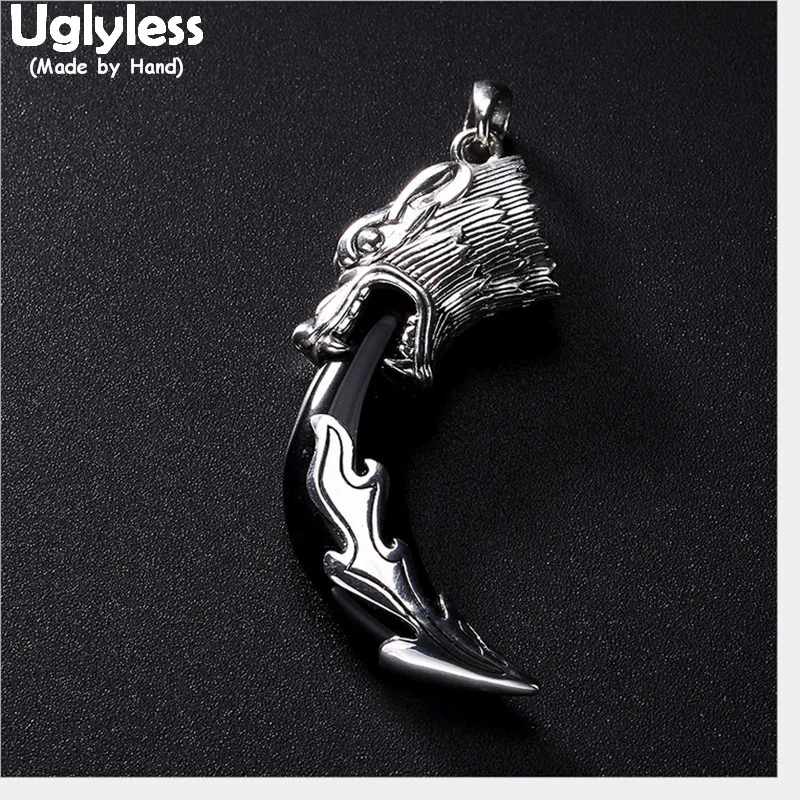

Uglyless 100% Real Solid 990 Full Silver Handmade Wolf Pendants Chalcedony Tooth Necklaces NO Chains Men Punk Fine Jewelry Black