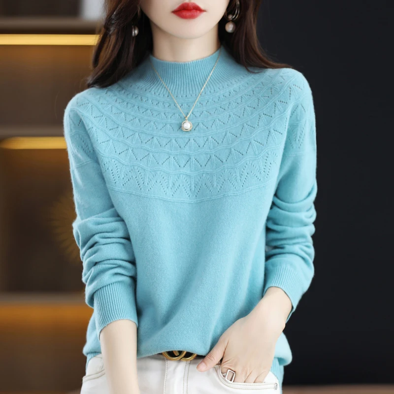

2023 Autumn/Winter New Seamless One-line Ready-to-wear Women's Pullover 100% Wool Half Turtleneck UpperBody Hollow Sweater