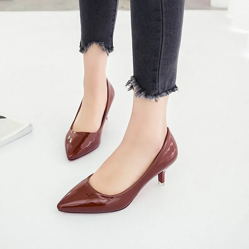 

Lady Low Pricing Shiny Patent Leather 5cm Med Heels Pumps Pointy Toe Stilettos For Narrow Foot 34-42 26cm Brown Green OL Slip-On