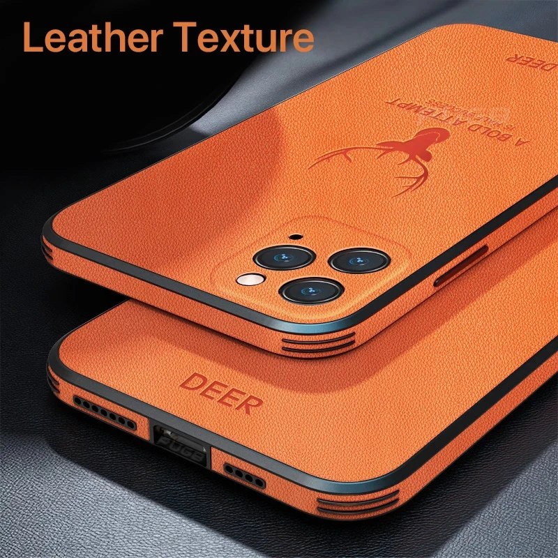 Luxury Leather Texture Square Frame Deer Case For iPhone 11 12 13 14 Pro Max Plus Mini X XR XS Silicone Bumper Shockproof Cover