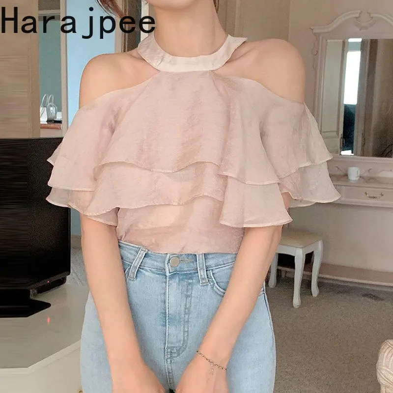 

Женская блузка с открытыми плечами, рукавом-бабочкой и оборками