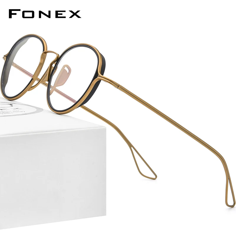 FONEX Titanium Glasses Frame Men Vintage Round Prescription Eyeglasses Women Optical Eyewear with Titanium Ineer Ring F85688