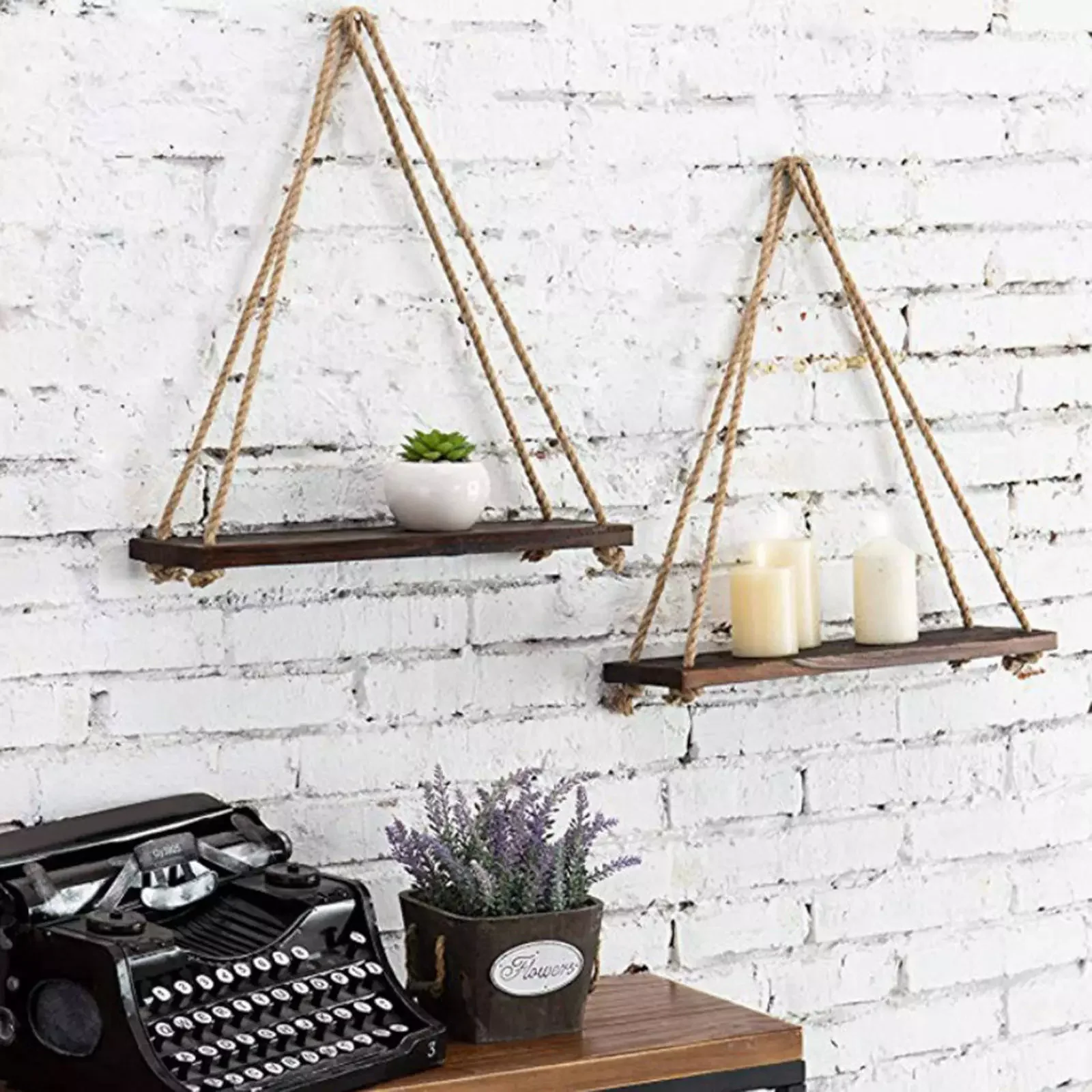 

NEW2022 Wood Hanging Wall Floating Shelves Rack Display Cord Swing Hanging Rope Garden Bedroom Decor Simple Design