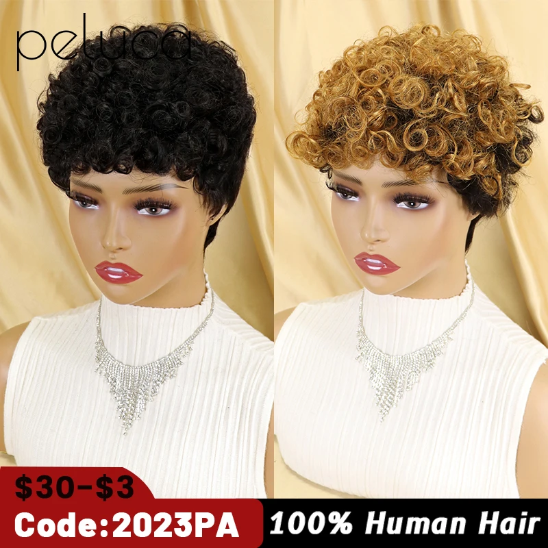 Hair Short Bob Pixie Cut Wig Human Hair Afro Kinky Curly Wig Full Machine Wigs Cheap Human Hair Wig Sassy Glueless Ombre Brown