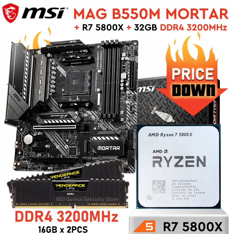 

MSI MAG B550M MORTAR + R7 5800X + 32GB DDR4 3200MHz RAM AM4 Motherboard CPU Combo DDR4 B550 Mainboard 5800X 32GB RAM Ryzen Kit