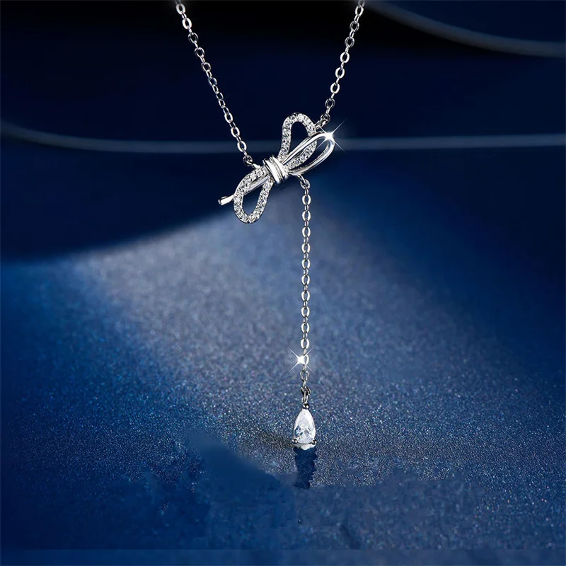 

Luxury Bowknot Tassel Necklace For Lady Birthday Gift Temperament Collarbone Chain 925 Silver Necklace Female Crystal Jewelry