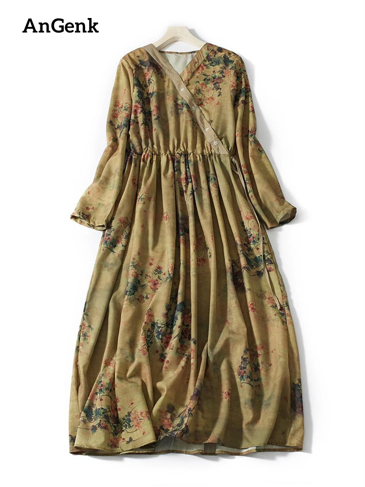 

2022 New Spring Autumn V-Neck Vintage Floral Print Long Dress For Women Cotton Casual Elegant Ladies Dresses Fashion Clothing