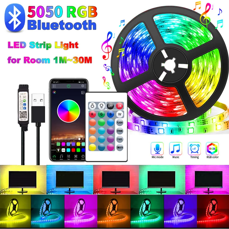 

LED Strip for Room Bluetooth Ice Lights 5050 Color LED Tape TV Backlight SMD5050 USB Bedroom Decoration 1m 2m 3m 4m 5m Luces LED