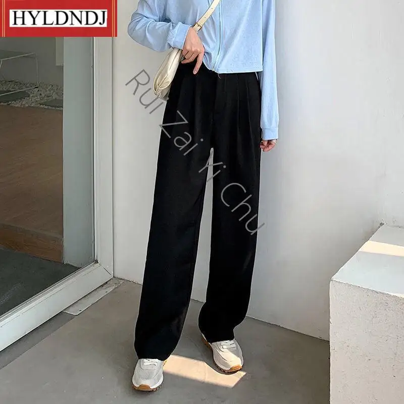 2023New Elegant Black Straight Suit Pants Botttoms High Waist Wide Leg Pants Women Korean Fashion Casual Office Trousers Fall