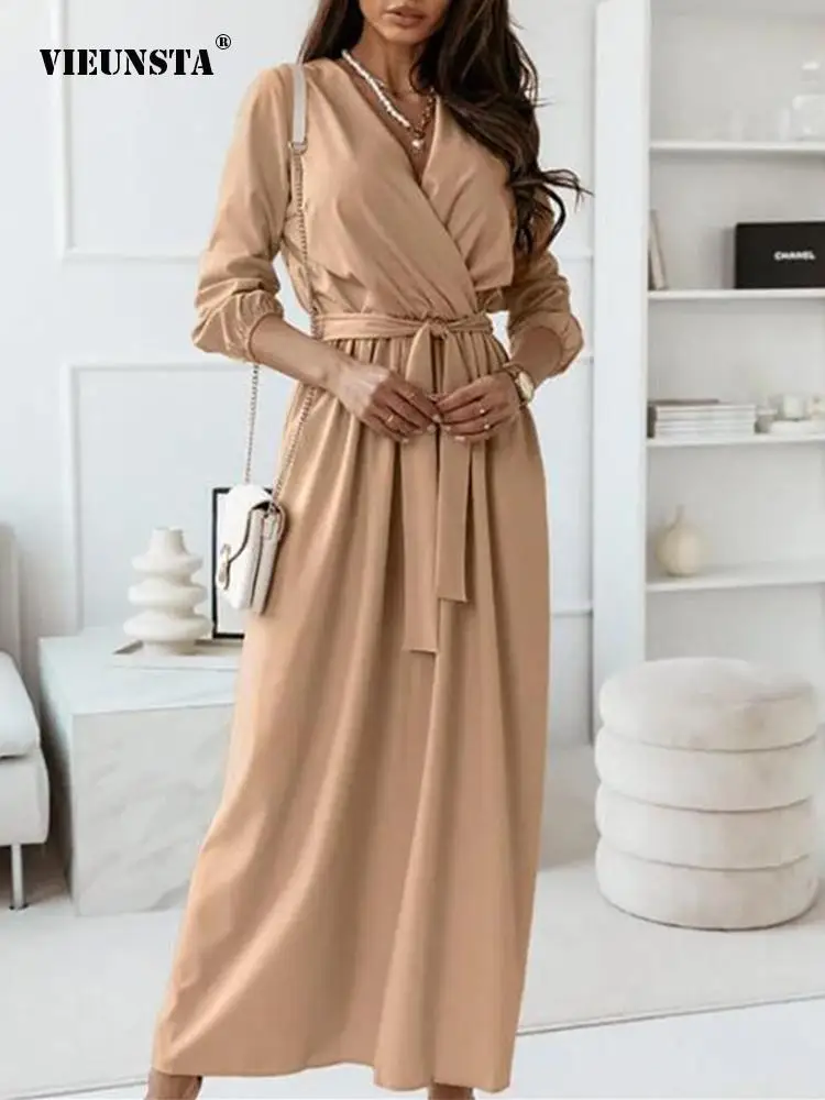 

Office Lady Elegant Long Sleeve Party Dress Women Simple Solid Color Maxi Dress Spring Fashion Lace-Up Wrap Long Dress Vestidos