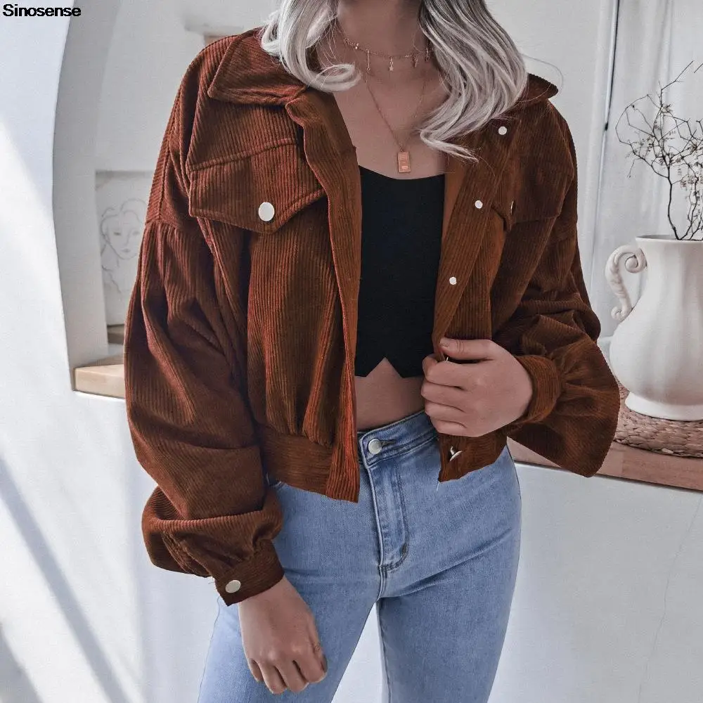 

Women Casual Short Jacket Loose Outwear Coats Lantern Sleeve Button Down Cropped Jackets Tops Ins Autumn Winter Corduroy Shacket