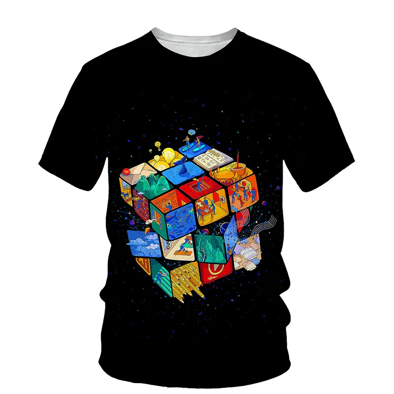 

Summer Men's New 3D Color Rubik's Cube Reflection Gorgeous Fried Street Round Neck Short-Sleeved Hip-Hop Sports Casual T-Shirt