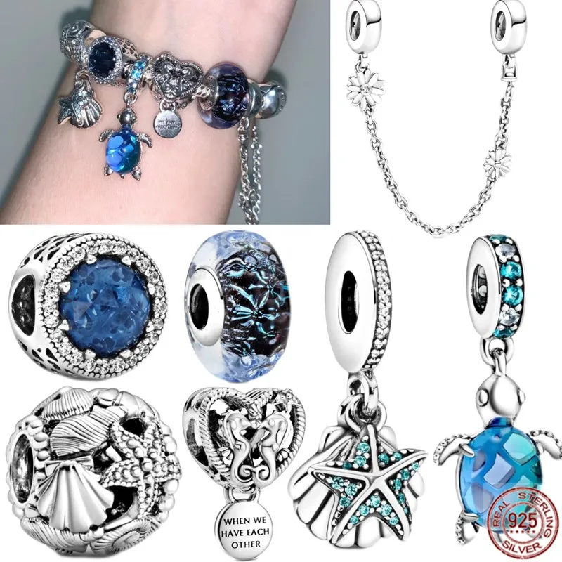 

Hot Sale Ocean Series,925 Sterling Silver,Fit Original Bracelet,Blue Shining Diamond Hippocampus,DIY Jewelry Charm Bead