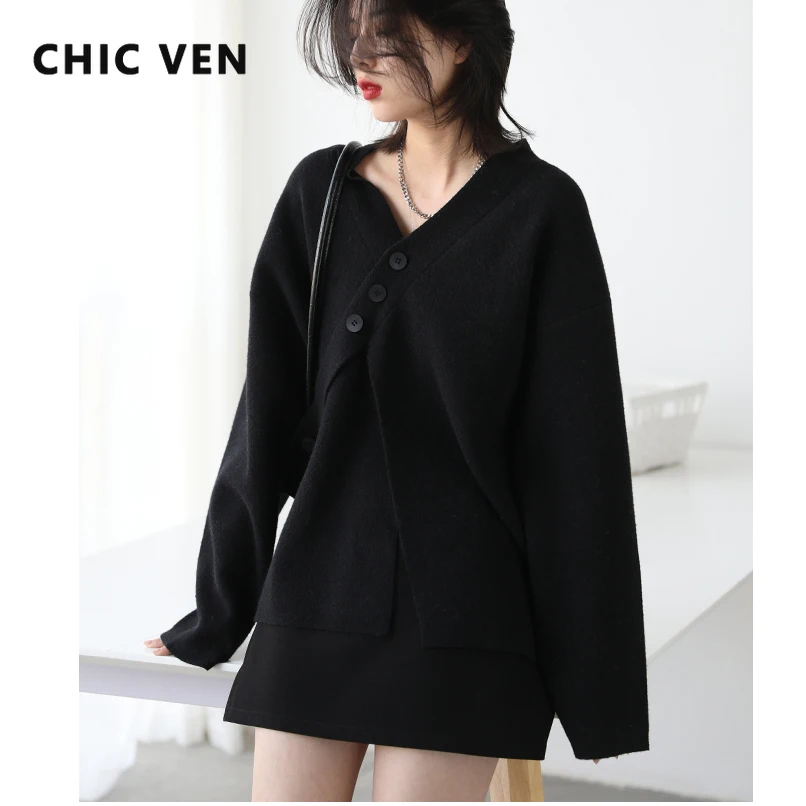 

CHIC VEN Korean Women's Cardigan V-neck Loose Solid Black Woman Knitted Sweaters Long Sleeve Female Tops Spring Autumn 2022