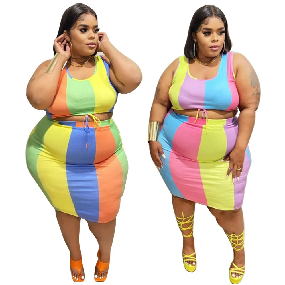 Plus Size Fashion Colorful Two Piece Skirt Set Women Clothing Sleeveless Sexy Outfits Casual Summer Wear Wole 3xl 4xl 5xl 6xl