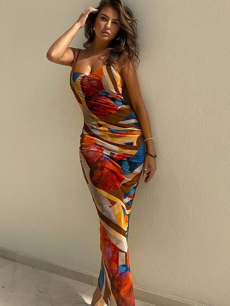 

Fashion Printed Maxi Dress Summer Women Sexy Spaghetti Strap Backless Bodycon Dresses 2022 Female Club Party Dress Long Outfits