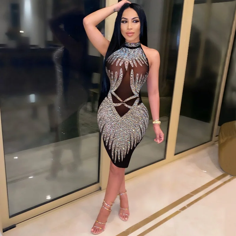 

WUHE Off Shoulder Womens Sheer Mesh Crystal Mini Party Dress Glam Sleeveless Rhinestones Prom Night Dresses Sexy Clubwear