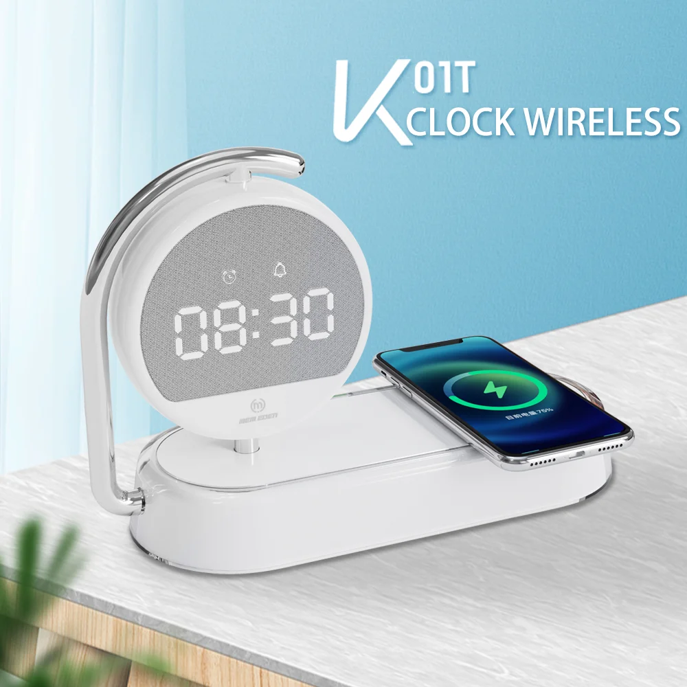 

3 in 1 Night Light Alarm Clock 15W Fast Wireless Phone Charger Bedside Lamp 360 Rotation Clock Space Saving Product Color White