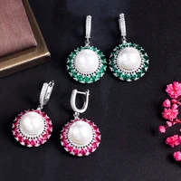 threegraces romantic green cubic zirconia big simulated pearl dangle drop earrings for women nigerian fashion party jewelry e879