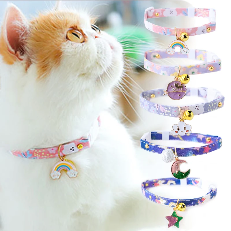 Cute Multicolor Cat Collar Pet Collar Kitten Dog Tie Adjustable Neck Strap Puppy Cat Necklace Star Cat with Bell Collar