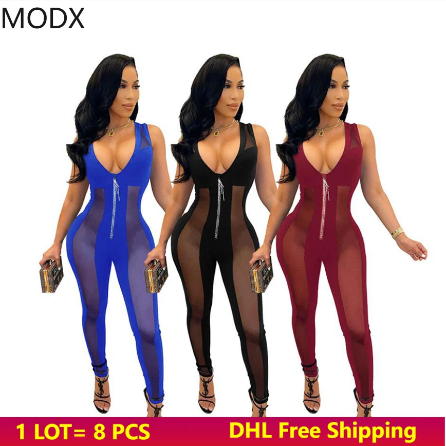 

Women Sexy Jumpsuits Mesh Deep V Hollow Out Overalls Female Solid Bodycon See Through Zipper Sleeveless Jumpsuit Wholesale 7211
