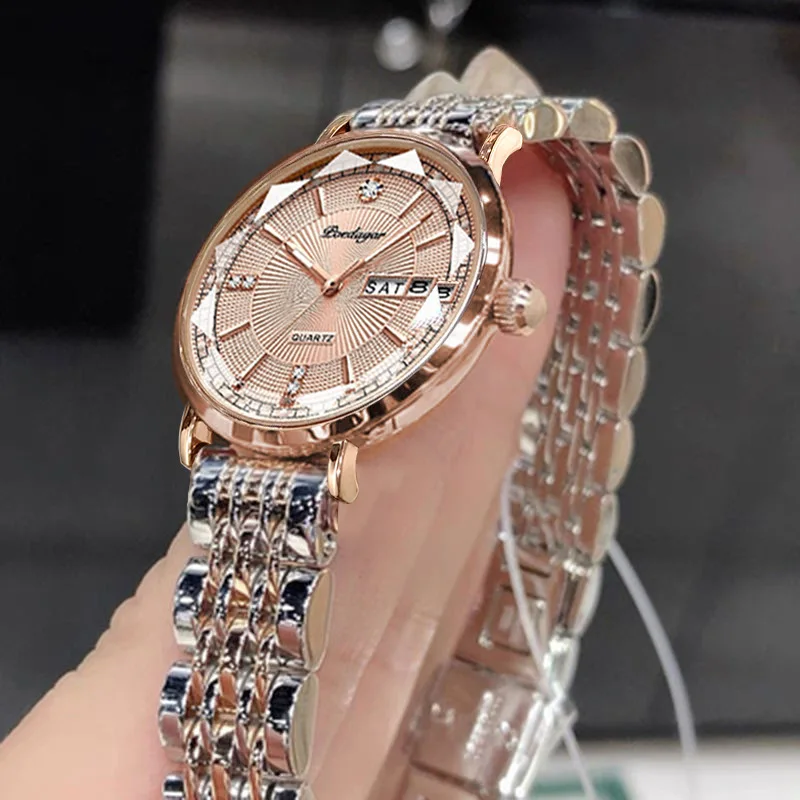 

Fashion Multi-sided Cutting Prismatic Dial Auto-date Week Display Luminous Pointer Quartz Watch Womens Steel Strap CZ Wristwatch