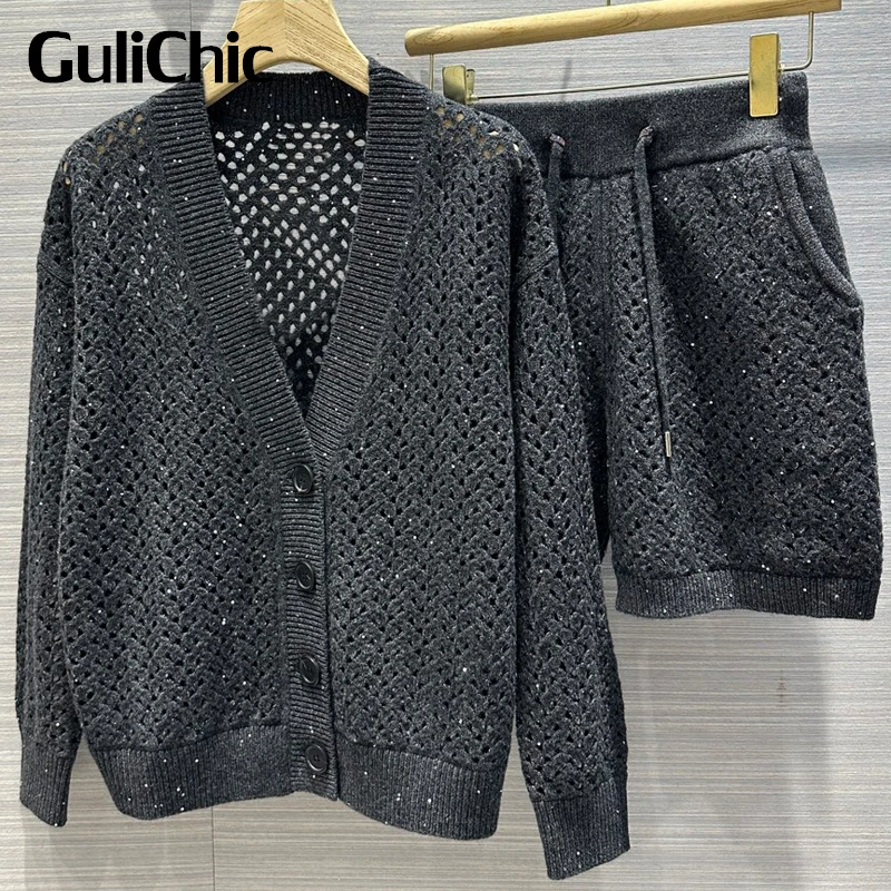 

8.26 GuliChic Women's 2 Piece Set Temperament Heavy Industry Sequins Hollow Out Knitted Cardigan Sweater And Drawstring Shorts